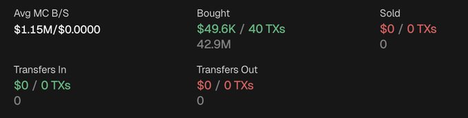 A cryptocurrency portfolio summary showing Avg MC B/S of $1.15M/$0.0000, Bought $49.6K across 40 TXs (42.9M), with $0 Sold and $0 Transfers In/Out.