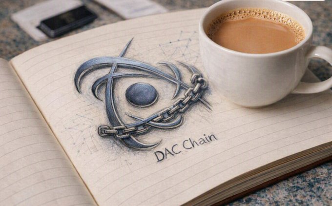 A pencil drawing in a notebook showing a metallic eye logo wrapped in chains with the text 'DAO Chain' beneath it, next to a coffee cup.