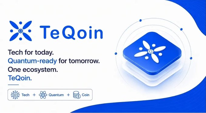 A promotional banner for TeQoin displays the tagline "Tech for today. Quantum-ready for tomorrow. One ecosystem. TeQoin." alongside a layered 3D logo and a breakdown showing "Tech + Quantum + Coin," visually reinforcing the post's explanation of the brand's name and its focus on building a quantum-ready blockchain ecosystem for Web3.