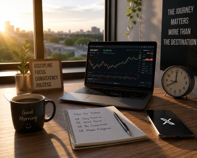 A wooden desk setup by a window shows a laptop displaying a BTC/USDT trading chart, a 'Good Morning' coffee mug, a notebook titled 'Plan for Today', and motivational signs reading 'DISCIPLINE FOCUS CONSISTENCY SUCCESS' and 'THE JOURNEY MATTERS MORE THAN THE DESTINATION'.