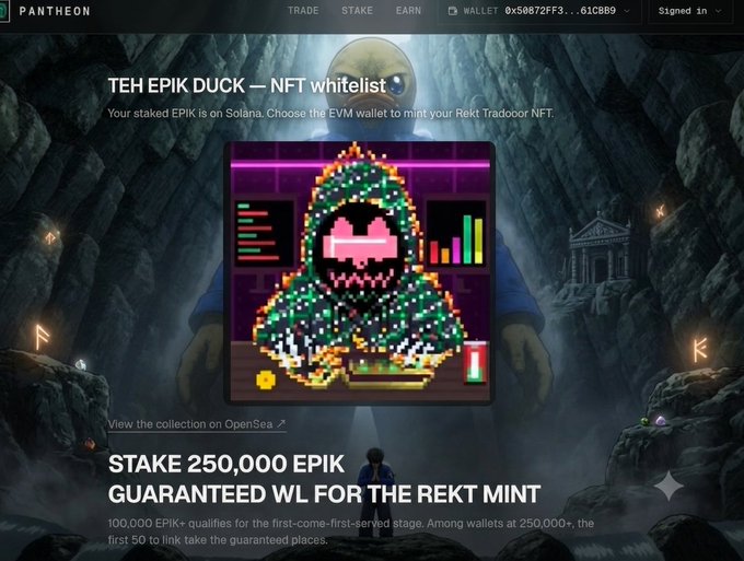 A Pantheon webpage promoting "TEH EPIK DUCK — NFT whitelist," featuring pixel art of a character, and offering guaranteed whitelist spots for staking 250,000 EPIK for a Rekt Tradloor NFT mint.