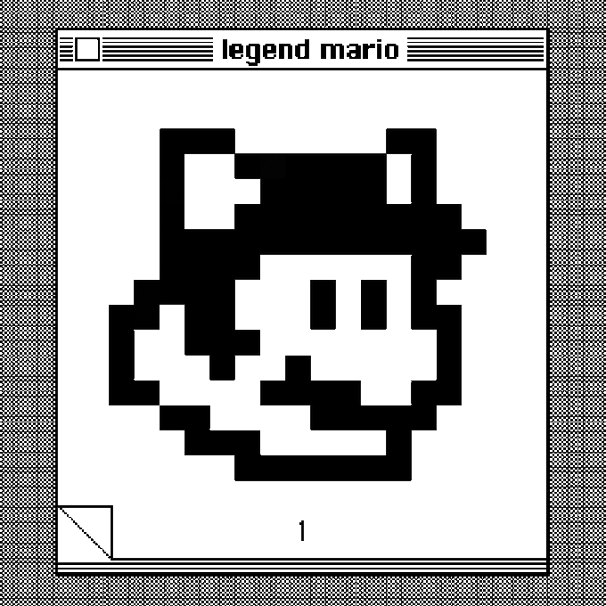 A pixelated black-and-white depiction of Mario's face rendered in the Legend of Zelda Game Boy "saved game" interface style, titled "legend mario" at the top of the screen. The image directly references Creep Kid #5975's collectible titled "Legend Mario," described in the post as a direct copy of Shigeru Miyamoto's original 1981 character design, serving as a surprise prize for purchasing CK #3484.
