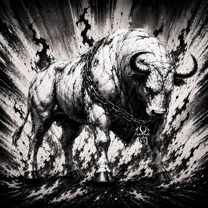 A dramatic black and white illustration of a powerful bull adorned with a chain necklace featuring a pendant, surrounded by flames and dark energy.