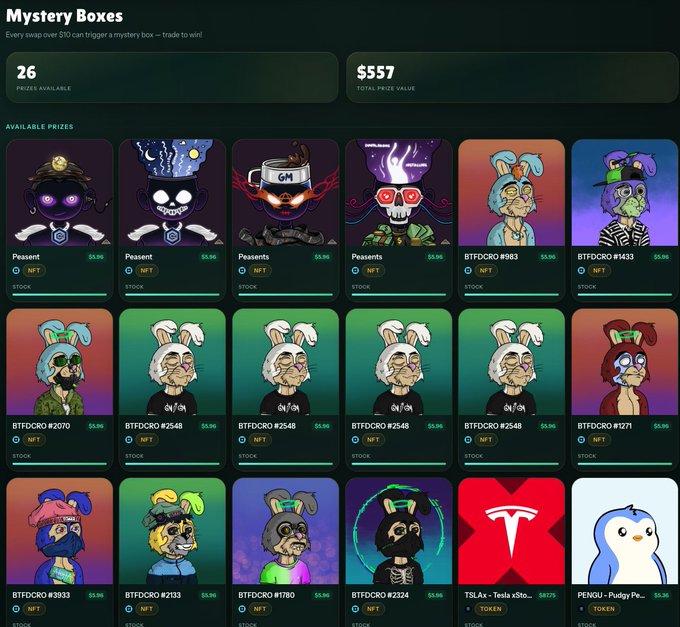 A 'Mystery Boxes' NFT marketplace interface showing 26 prizes worth $557 total, featuring various character NFTs including Peaserf, BTFDCR0, TSLAx, and PENGU.
