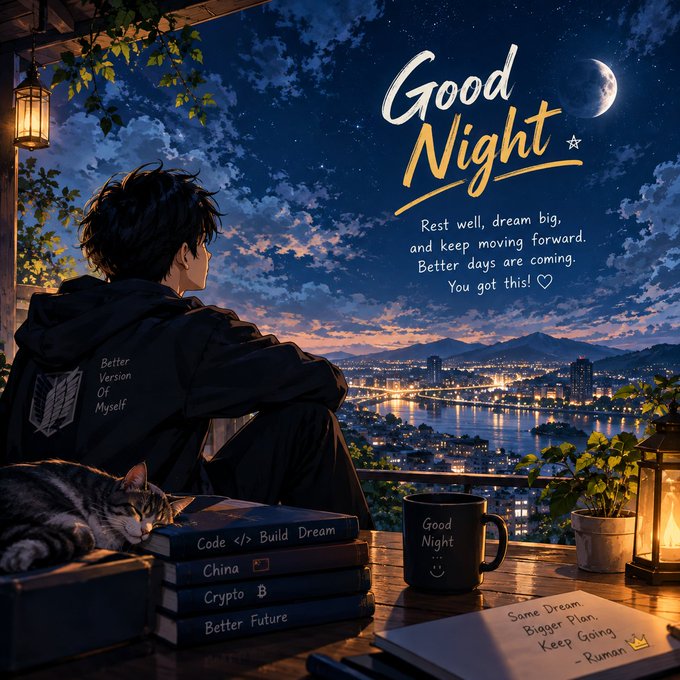 An anime-style 'Good Night' illustration of a boy looking out at a city nightscape with a cat resting nearby, featuring books labeled 'Code', 'Build Dream', 'China', 'Crypto B', 'Better Future', and a mug also saying 'Good Night'.