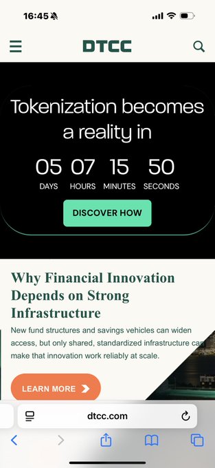 A mobile screenshot of the DTCC website showing a countdown timer of 05 days, 07 hours, 15 minutes, 50 seconds for 'Tokenization becomes a reality,' with a 'DISCOVER HOW' button and an article titled 'Why Financial Innovation Depends on Strong Infrastructure.'