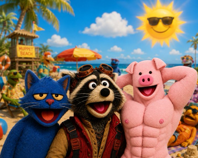The image features three cartoon characters posing for a picture at the beach, with an umbrella providing shade over them. One of the characters is wearing sunglasses and has a backpack on their back. The background includes palm trees and other beach-related elements such as a lifeguard tower and a surfboard. The post reads "GM SOLANA" in the bottom right corner of the image.