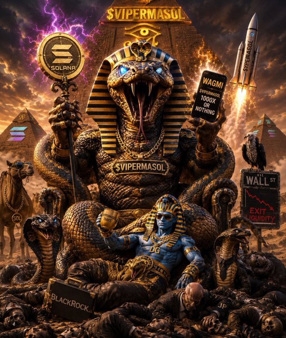 A massive cobra-headed pharaoh labeled "$VIPERMASOL" sits enthroned atop pyramids, clutching a Solana scepter and a golden "WAGMI $VIPERMASOL 1000X OR NOTHING" trophy, while a relaxed "$VIPERMASOL" warrior lounges below amid symbols of "SOL," "WALL ST EXIT LIQUIDITY," "BLACKROCK," and "JP," with defeated figures sprawled at his feet. The image illustrates the post's warning about address spoofing/scam tactics by depicting a predatory "Viper" impersonator overpowering Solana ($SOL) holders and traditional finance figures alike.