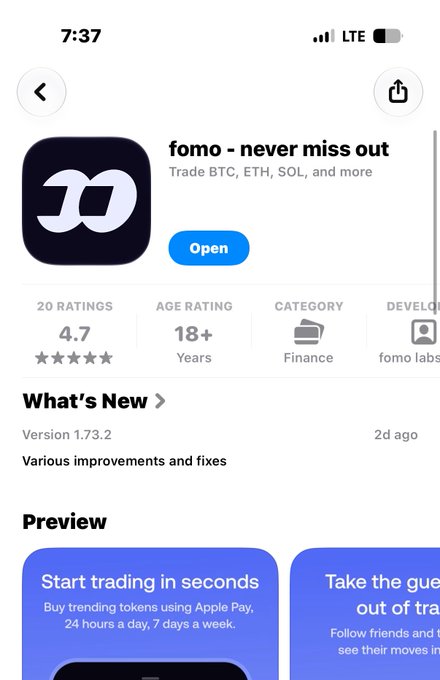 The image displays the App Store page for "fomo - never miss out," a finance app from "fomo labs" that helps users track large crypto buys. This relates to the post by highlighting the app itself as a potential "tool" for the "meme season."