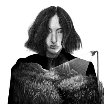 A black and white drawing shows a person with shoulder-length hair looking down, with a cat resting in the foreground grass beneath a beam of light.