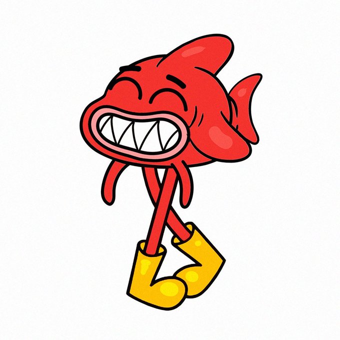A cartoon red shark-like character with a wide toothy grin and yellow boots stands cheerfully, serving as the mascot for the Glubi NFT giveaway promotion featuring 12 guaranteed and 30 first-come-first-served spots for the 4,444 supply collection minting on July 10th.