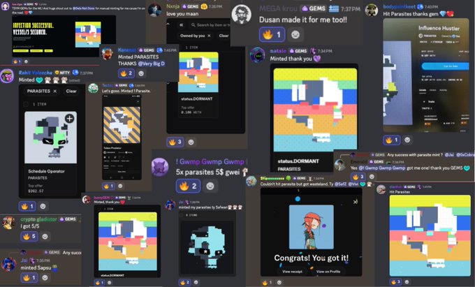 A collage of Twitter/X posts showing successful NFT mints, featuring pixel art collections like "Parasites" and "Chog" with various users celebrating their mints and floor prices. The posts display mint notifications, congratulatory messages, and pixelated character artwork, with visible text including "Congrats! You got it!" and usernames like @thehejz and @1stBenjaNAD.