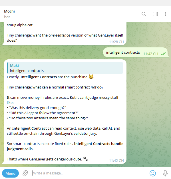 A Telegram chat with the bot 'Mochi' discusses GenLayer and Intelligent Contracts, with a message explaining how they handle judgment calls that regular smart contracts cannot.