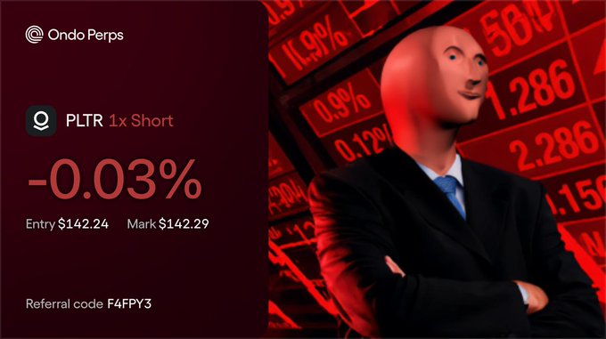 The image shows a man in a suit standing against a red background with white numbers. The man appears to be posing for a photo or watching a video related to investing or finance. There are also some text elements present, including one about PLTR (Public Lenders Trading), while another is about Ondo perps (#ondopeps). It seems that the focus of this image might be on an advertisement promoting financial products or services, possibly in a stock exchange trading environment like Mturk.