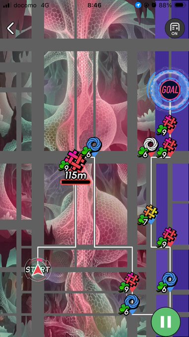 A mobile game screenshot showing a puzzle/strategy game with a START and GOAL point, path lines, and various colorful piece icons (numbered 5, 6, 7, 9) on a patterned background.