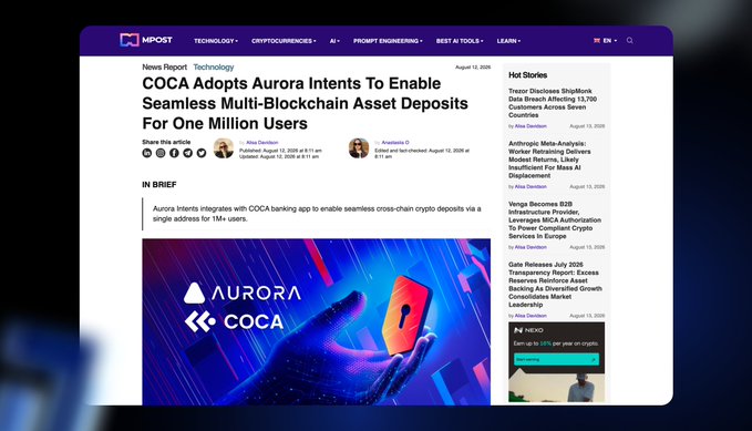 A news article on MPost website titled 'COCA Adopts Aurora Intents To Enable Seamless Multi-Blockchain Asset Deposits For One Million Users,' published August 11, 2026, featuring a colorful graphic with the Aurora and COCA logos and a hand holding a glowing red object. The right sidebar lists Hot Stories including Tezos Discloses ShipMonk Data Breach and Venga Becomes B2B Infrastructure Provider.