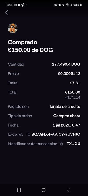 Spanish-language crypto purchase receipt showing a DOG (Dogecoin) buy of €150.00 for 277,490.4 DOG at €0.0005142, paid by credit card on July 1, 2026.
