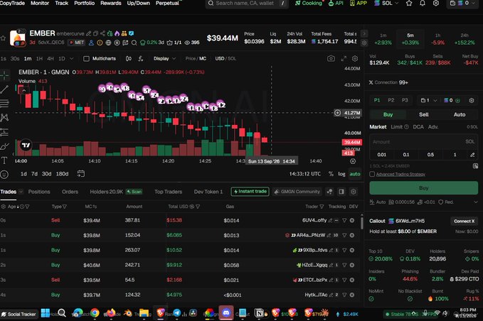 A cryptocurrency trading interface showing the EMBER/SOL trading pair at $39.44 with a price chart and recent trades table.