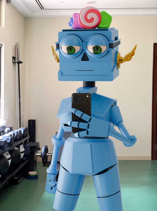 A blue robot character with glasses, golden wings, and a lollipop on its head takes a mirror selfie with a smartphone.