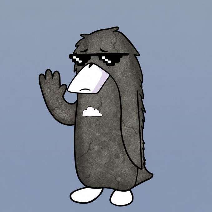 Cartoon illustration of a fuzzy gray creature wearing pixelated 'deal with it' sunglasses and holding up one hand with a white beak-like nose.
