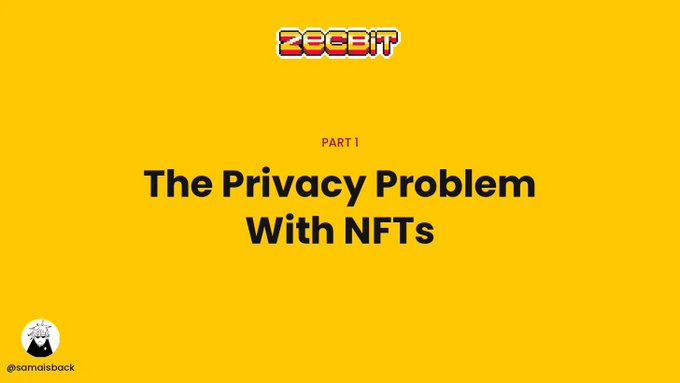 A yellow graphic titled "Part I: The Privacy Problem With NFTs" featuring the ZEEBIT logo at the top, illustrating the blockchain transparency issue highlighted in the post, where wallet connections expose ownership history, transactions, and financial details to public scrutiny.