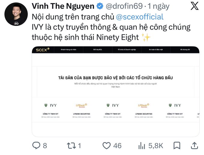 A Vietnamese Twitter/X post by 'Vinh The Nguyen' (@drofin69) about IVY being a media & PR company under the Ninety Eight ecosystem, showing the SCCX website with IVY and LPBank Securities branding.