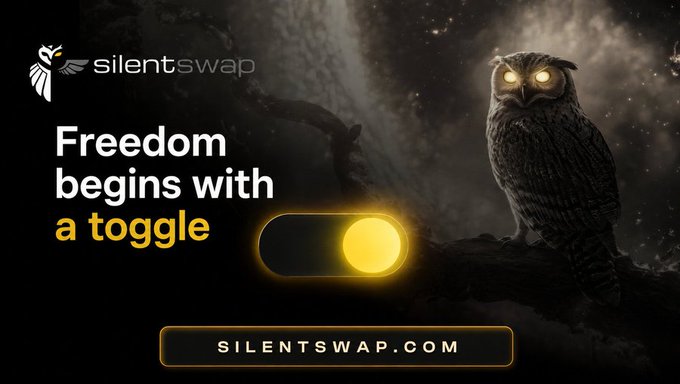 An advertisement for silentswap.com displays an owl with glowing eyes next to a yellow toggle switch and the text 'Freedom begins with a toggle'.