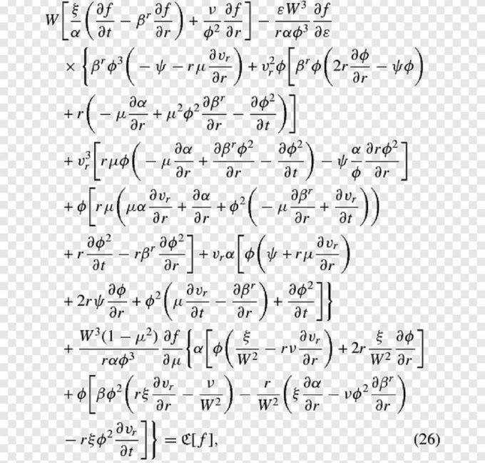 A complex mathematical equation labeled (26) containing partial derivatives, Greek letters, and physics notation on a checkered transparent background.