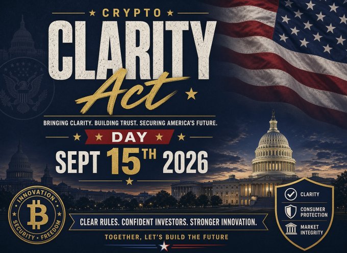 A promotional poster for 'Crypto Clarity Act Day' on September 15th, 2026, featuring the US Capitol and American flag with Bitcoin imagery and slogans like 'Clear rules. Confident investors. Stronger innovation.'