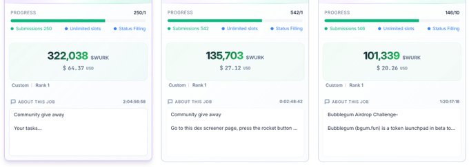 The image shows three different posts about a website called WURKDOTFUN, which offers free opportunities for people to create microjobs or agents to sell tokens. The posts are arranged vertically, with each one providing information about the website and its offerings. The first post is at the top of the image, followed by two more posts in the middle, and then a third post at the bottom. Each post has text that provides details about the opportunities available on WURKDOTFUN.