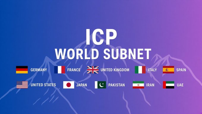A graphic titled "ICP WORLD SUBNET" with mountain graphics, listing countries with their flags: Germany, France, United Kingdom, Italy, Spain, United States, Japan, Pakistan, Iran, and UAE.