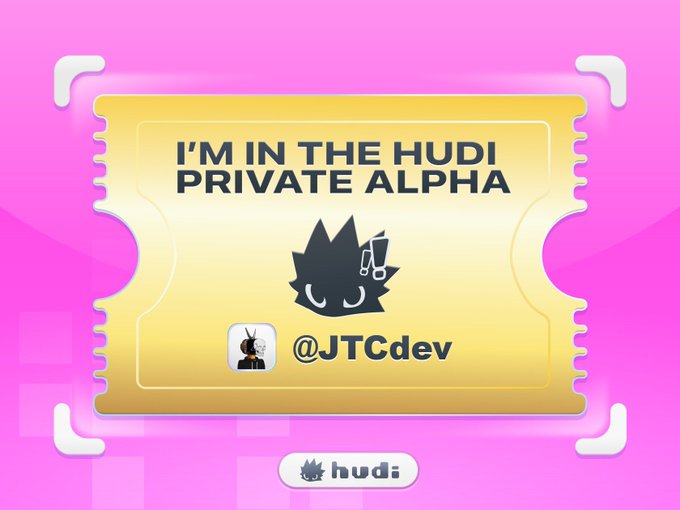 A graphic announces 'I'M IN THE HUDI PRIVATE ALPHA' featuring a black cat-like logo and the handle '@JTCdev' on a pink background.
