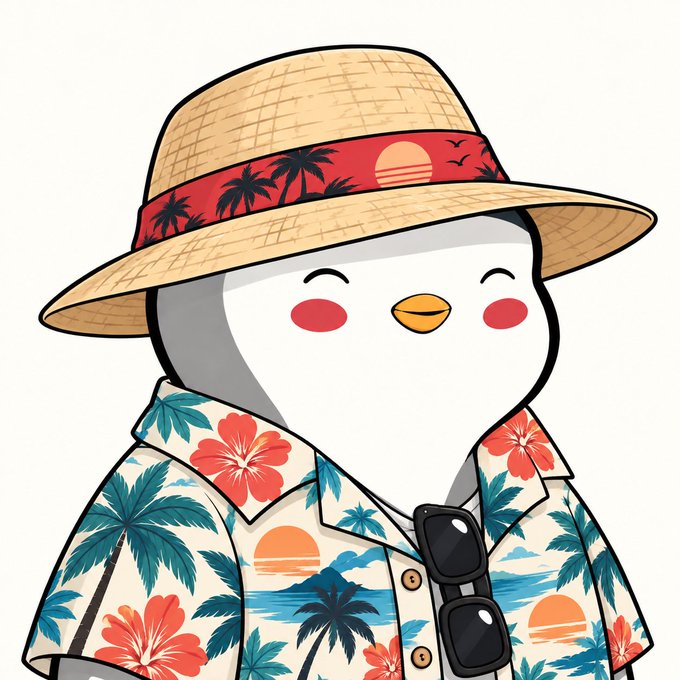 A cartoon illustration of a round, white bird-like character wearing a straw hat and a tropical floral Hawaiian shirt with sunglasses hanging from it.