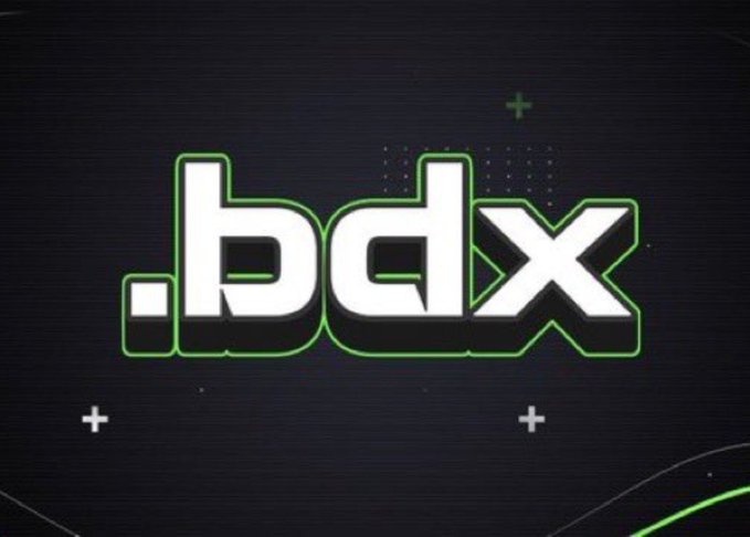 A digital graphic displaying the text '.bdx' in bold white letters outlined in bright green against a dark background with plus signs.