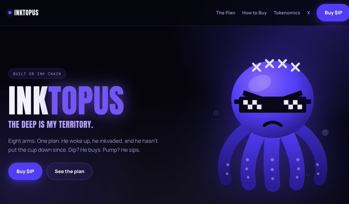 A webpage screenshot for 'INKTOPUS' featuring a purple octopus mascot wearing pixelated sunglasses, with the tagline 'THE DEEP IS MY TERRITORY.' and buttons to 'Buy $IP' and 'See the plan'.