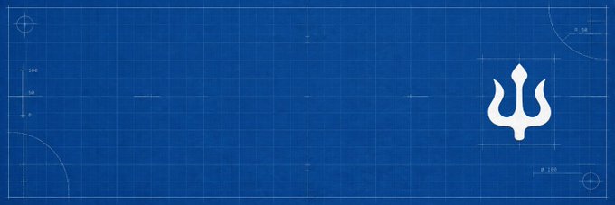 A blue blueprint-style graphic with a white trident logo on the right side, accompanied by technical measurement markings and crosshair symbols.