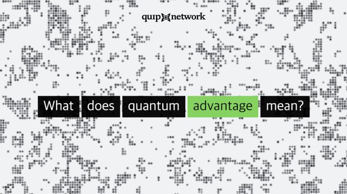 The image displays the text "What does quantum advantage mean?" displayed prominently against a pixelated QR-code style background, with "advantage" highlighted in green. The quip network logo appears at the top, framing the question as the central topic being explored in the referenced discussion about quantum computing capabilities.