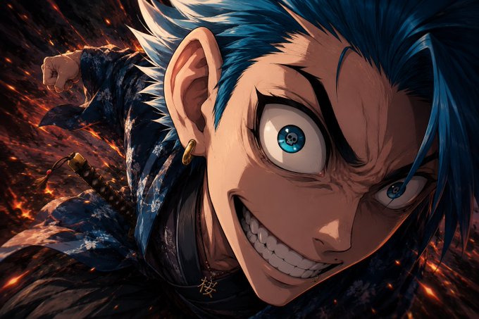 Anime-style illustration featuring a blue-haired male character with an intense grinning expression, wearing dark clothing with floral patterns, set against a fiery background.