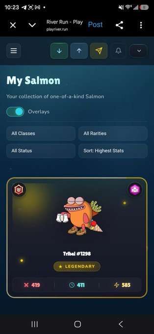 A screenshot of the 'River Run - Play' app showing a 'My Salmon' collection featuring a Legendary Salmon NFT named 'Tribal #1298' with stats.