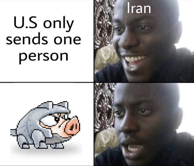 A four-panel meme showing a smiling man labeled 'Iran' who becomes shocked when seeing a pixelated armored pig labeled 'U.S only sends one person'.