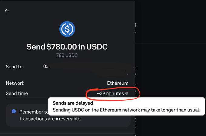 A screenshot of a crypto wallet interface showing a transaction to 'Send $780.00 in USDC' on the Ethereum network, with a red circle highlighting the '~29 minutes' send time.