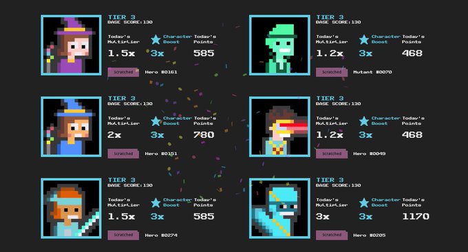 Grid displaying six Tier 3 pixel-art NFT characters (wizard, alien, witch, ninja, adventurer, and a blue creature) labeled 'Hero #' followed by four-digit numbers, each with multipliers 'Today's Multiplier' and 'Character Today's Boost' stats.