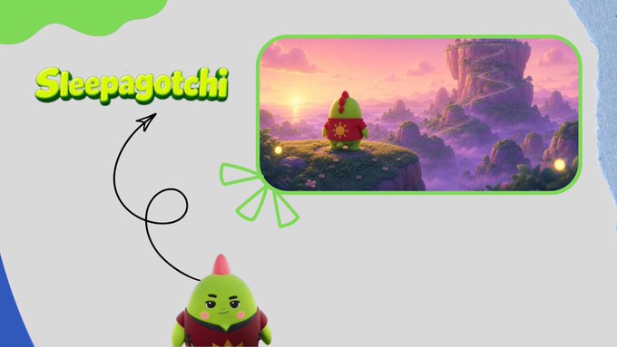 A promotional graphic for 'Sleepagotchi' featuring a green character and a scene of a small figure standing on a cliff at sunset.