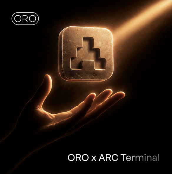 A promotional image featuring a glowing golden app icon with an arrow design, held above a hand, with text 'ORO x ARC Terminal' and the ORO logo.