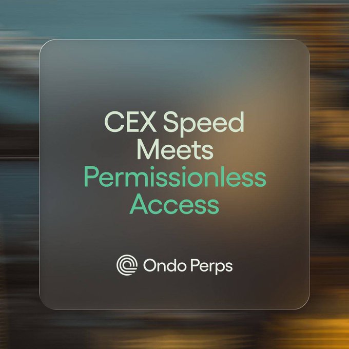 A promotional graphic for Ondo Perps displays the tagline "CEX Speed Meets Permissionless Access" in white and green text on a frosted glass overlay, set against a motion-blurred blue and amber background. The image visually reinforces the post's message about Ondo Perps bridging centralized exchange speed with decentralized finance's open-access philosophy.