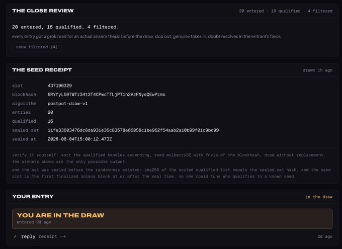 A receipt showing a random selection draw with 20 entries and 16 qualified after a Grok review, using Solana blockhash 437196329 for randomness. The display confirms the user is included in the draw for the $ANSEM raffle won by @Miss_mayex.