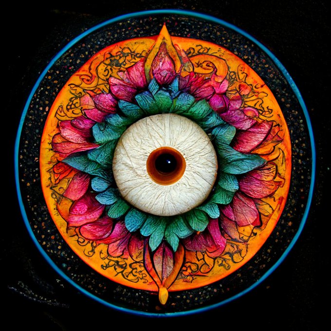 A vibrant mandala features a central realistic eyeball surrounded by radiating lotus petals in pink, teal, and orange hues, framed by a blue circular border, reflecting the "Mandala Eye" NFT title with its hypnotic eye motif.
