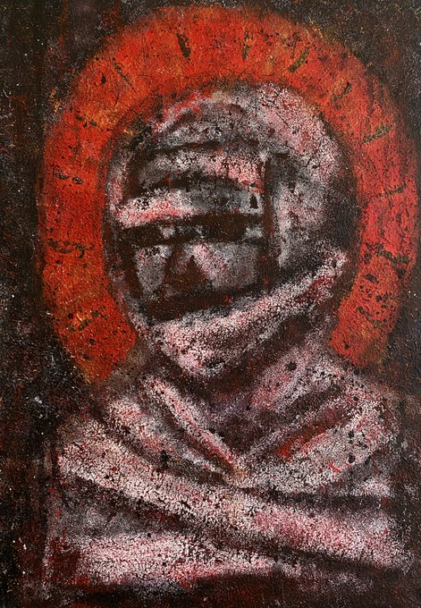 A textured, abstract painting depicting a hooded figure with a red halo-like background and a dark, geometric face area, created in a rough, expressive style.