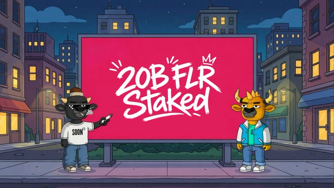 A colorful cartoon illustration shows two anthropomorphic characters—a bull in a fedora and a moose—standing in front of a large pink billboard reading '20B FLR Staked' in a nighttime city setting.