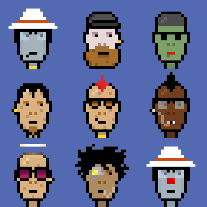 Nine pixel-art character portraits arranged in a 3x3 grid on a blue background, featuring diverse avatars including figures with white hats, beards, green skin, and various hairstyles, which appear as collectible NFT-style profile pictures likely associated with the $DERP mining activity referenced in the Stonkpit.xyz tip.